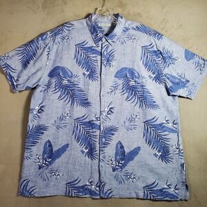 Cubavera Hawaiian Shirt Mens XL Blue‎ Linen Blend Palm Print Short Sleeve Camp